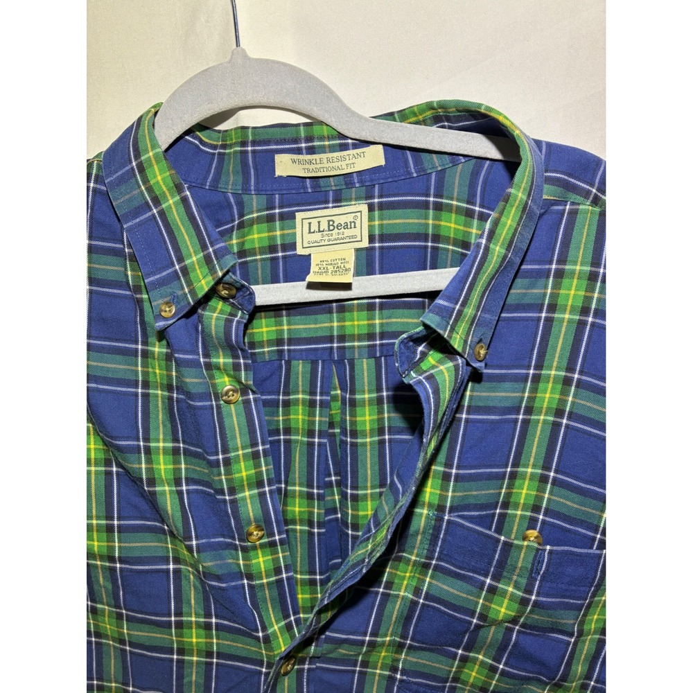 LL Bean Mens XXL Tall Blue Green Plaid Cotton Merino Wool Button Down Shirt - Picture 3 of 6